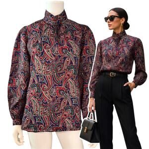 Vtg 80s Laura Mae Paisley Blouse Size Large High Neck Disco Glam Dark Academia